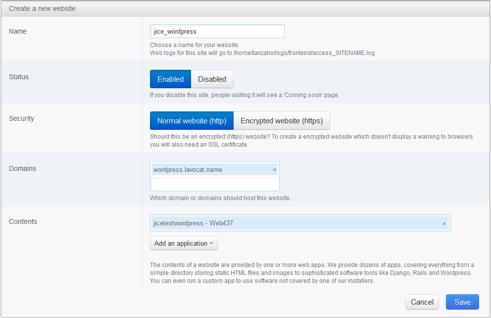Ajouter un site web sur Webfaction (panneau principal)