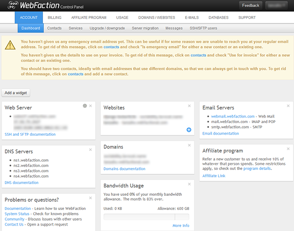 Dashboard Webfaction